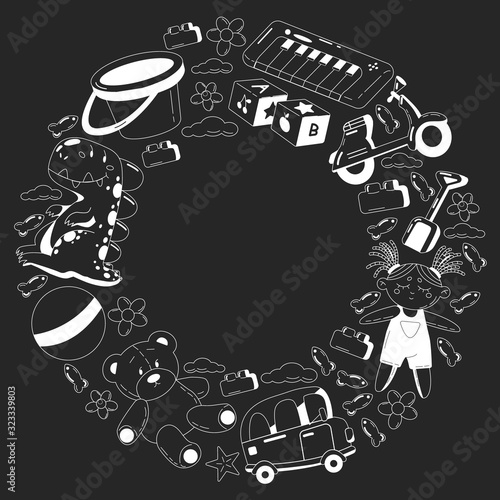Vector set with toys icons. Pattern for kindergarten, little children. Kids playing.
