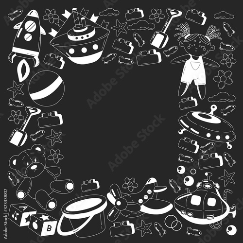 Vector set with toys icons. Pattern for kindergarten, little children. Kids playing.