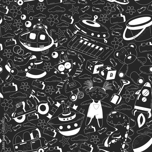 Vector set with toys icons. Pattern for kindergarten, little children. Kids playing.