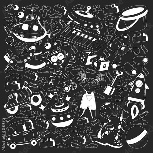 Vector set with toys icons. Pattern for kindergarten, little children. Kids playing.