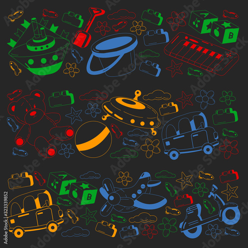 Vector set with toys icons. Pattern for kindergarten, little children. Kids playing.