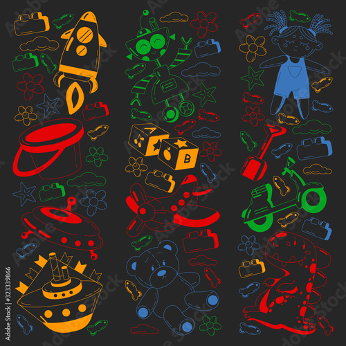 Vector set with toys icons. Pattern for kindergarten, little children. Kids playing.