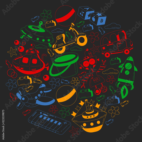 Vector set with toys icons. Pattern for kindergarten, little children. Kids playing.