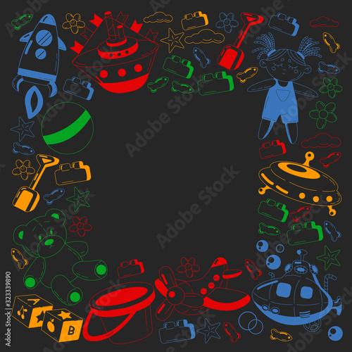 Vector set with toys icons. Pattern for kindergarten, little children. Kids playing.