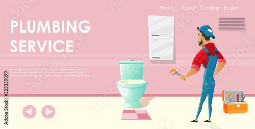 Professional Plumbing Service Flat Cartoon Banner Vector Illustration. Handyman in Uniform, Working at Home Bathroom, Repairing Toilet. Man Holding Wrench. Helper with Water System Problems.