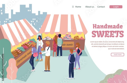 Flat Landing Page Offering Big Handmade Sweets Assortment. Open Air Street Market Presentation. Cartoon People Choosing and Buying Handmade Desserts. Craft Rustic Products. Vector Illustration