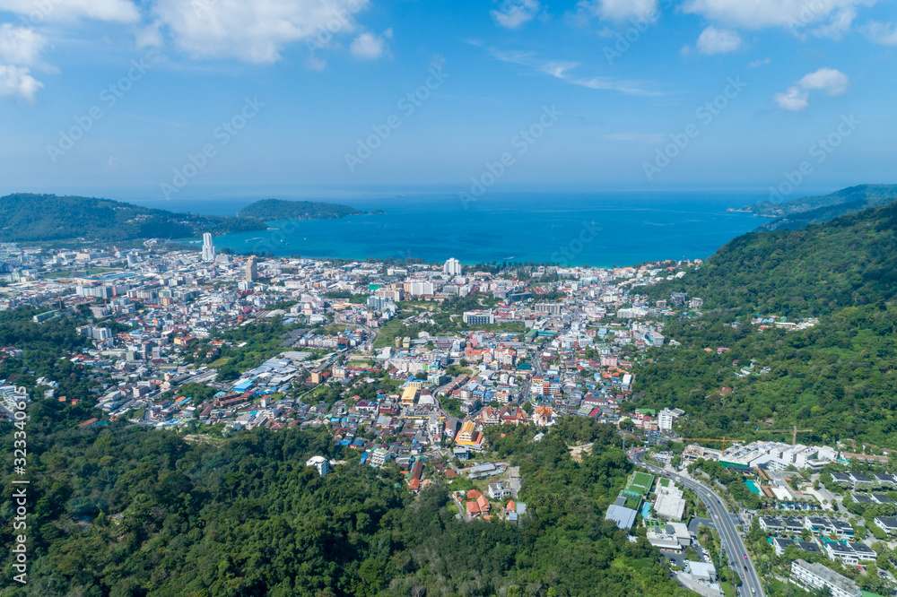 Landscape nature view from Drone aerial view with patong city in phuket thailand.