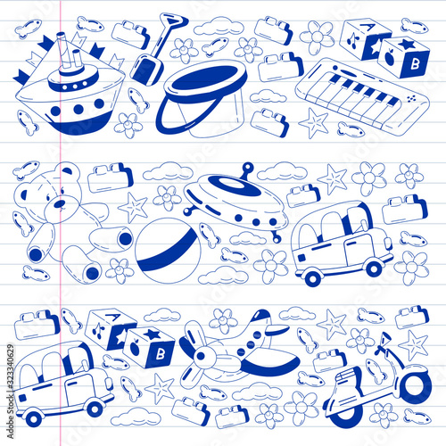Vector set with toys icons. Pattern for kindergarten, little children. Kids playing.