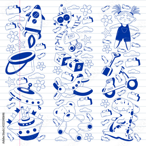 Vector set with toys icons. Pattern for kindergarten, little children. Kids playing.