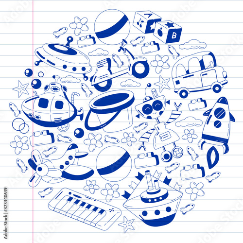 Vector set with toys icons. Pattern for kindergarten, little children. Kids playing.
