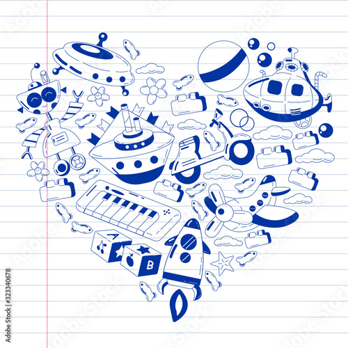 Vector set with toys icons. Pattern for kindergarten, little children. Kids playing.