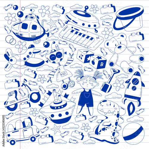 Vector set with toys icons. Pattern for kindergarten, little children. Kids playing.
