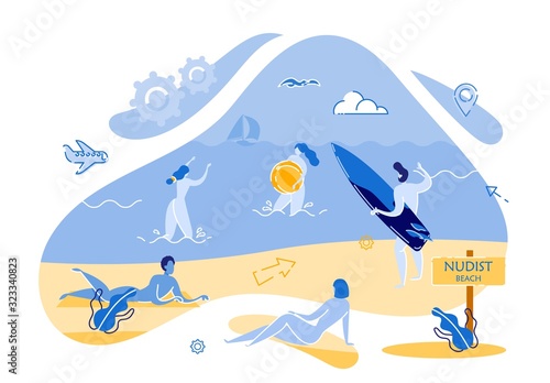 Informative Banner Tourism Isolated Nudist Beach. Nude People, Men and Women Sunbathe on Beach. Men Covered with Surfboard. Inscription on Beach Plate for Nudists. Vector Illustration. © Mykola