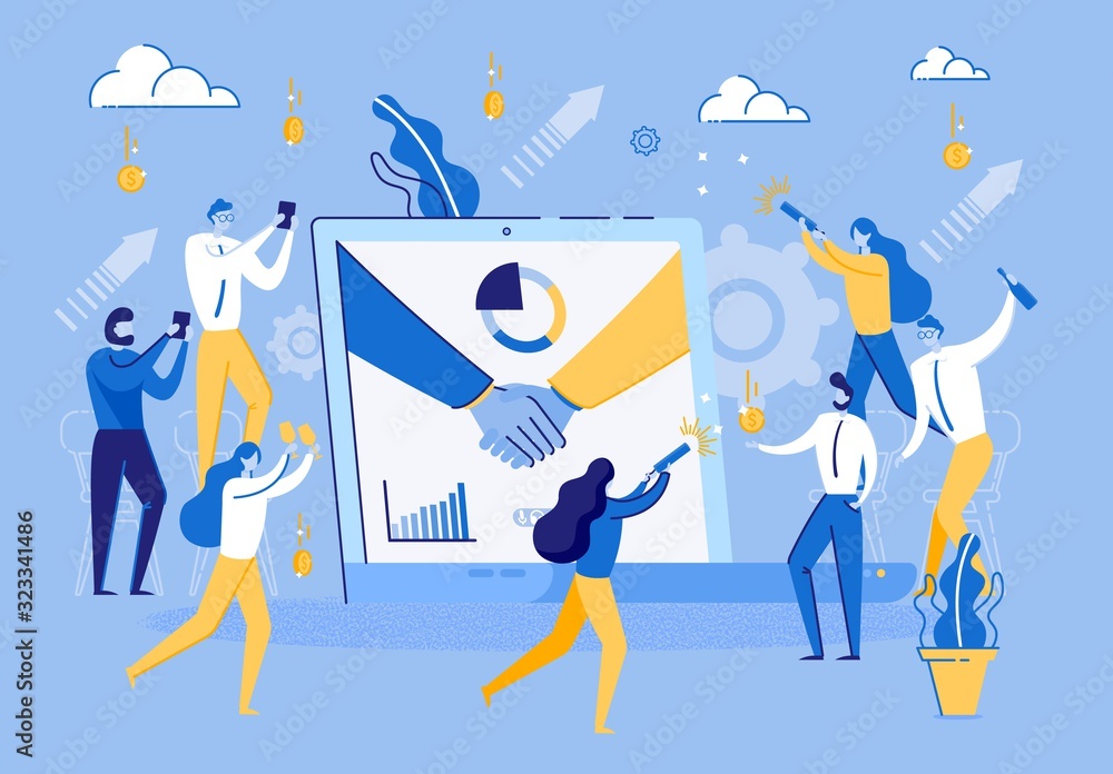People Celebrates Signing Successful Contract. Group Man and Woman Rejoice in Lucrative Financial Contract Between Companies. Man Handshake on Laptop Screen. Employee Business Company. Corporate Party People Celebrates Signing Successful Contract. Group Man and Woman Rejoice in Lucrative Financial Contract Between Companies. Man Handshake on Laptop Screen. Employee Business Company. Corporate Party