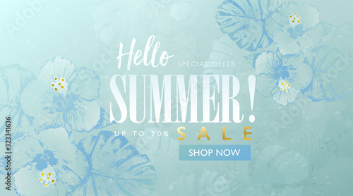 Summer sale banner with hibiscus flowers and tropical leaves background. Exotic floral design template for banner, flyer, poster or web site. Watercolor paint textured style vector illustration.