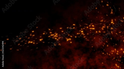 Burning red hot flying sparks fire in the night sky. Beautiful abstract fiery orange glowing flying on black background in 4k.