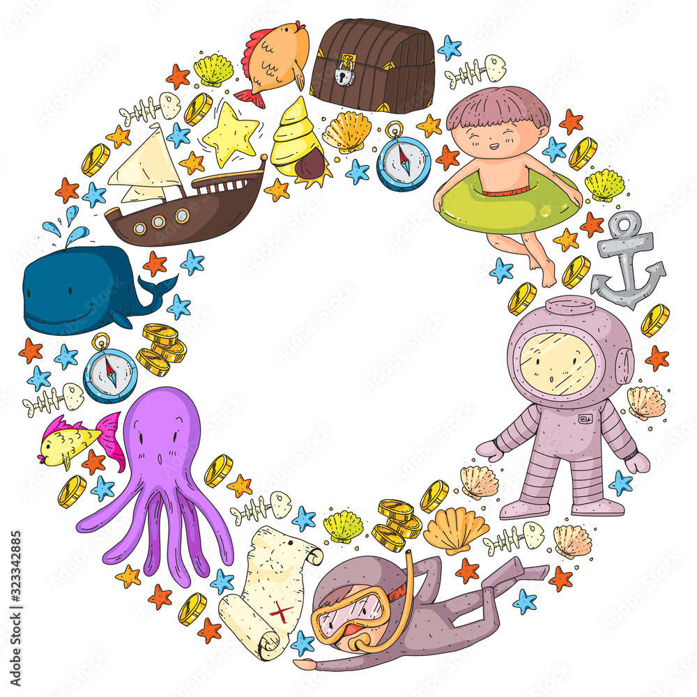 Diving pattern with children. Octopus, whale. Summer adventure with pirates and treasures. Swimming and underwater adventure.