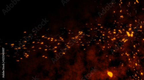 Burning red hot flying sparks fire from right to left in the night sky. Beautiful abstract background flying wing shape on black background. Like a lot of insects or bugs.