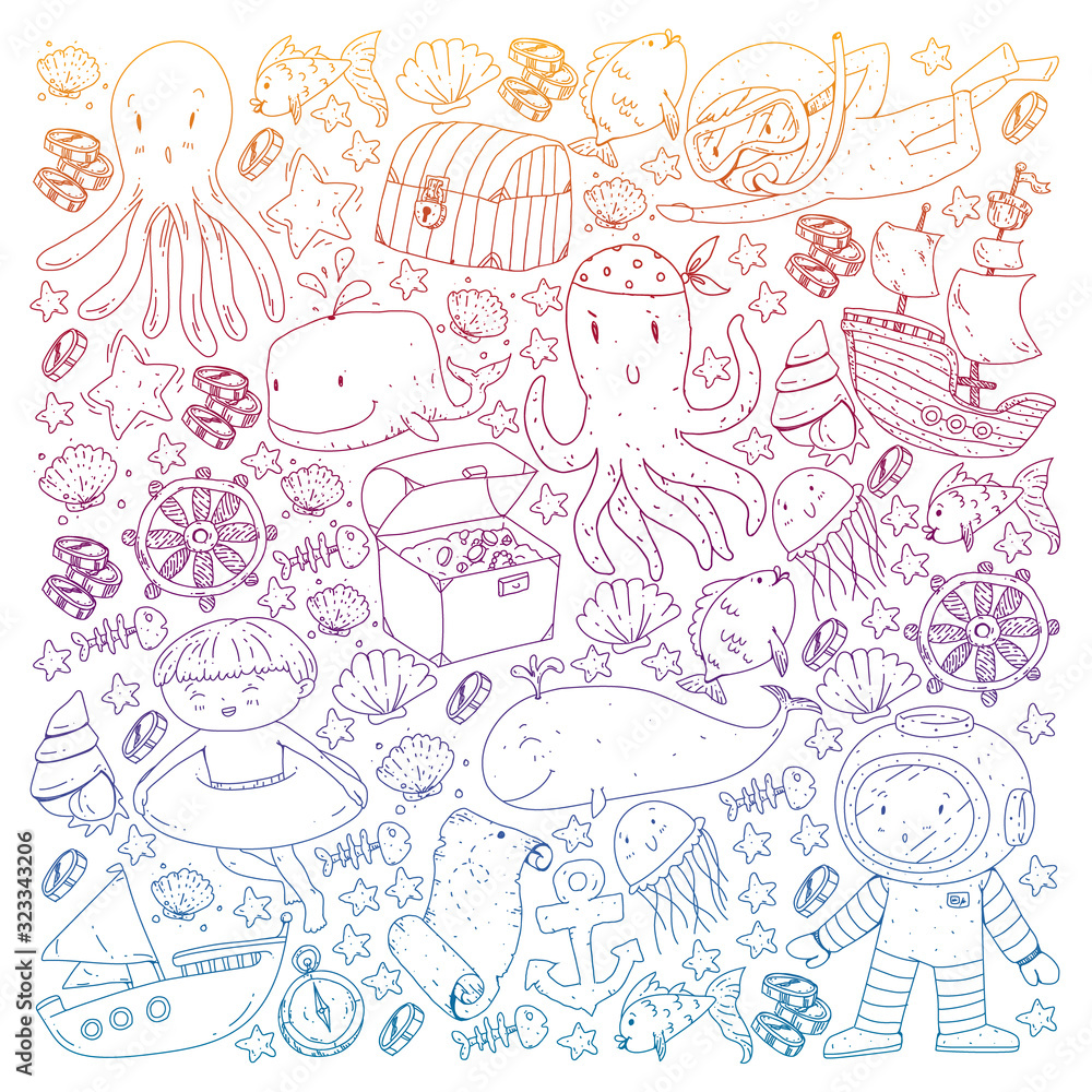 Fototapeta premium Diving pattern with children. Octopus, whale. Summer adventure with pirates and treasures. Swimming and underwater adventure.