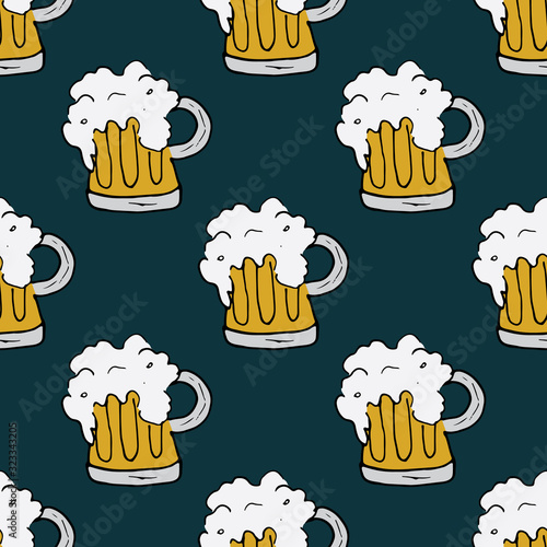 Beer Mug Seamless Pattern, Hand Drawn doodle background. Vector illustration
