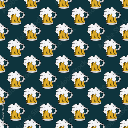 Beer Mug Seamless Pattern  Hand Drawn doodle background. Vector illustration