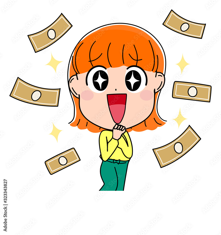 イラスト素材 かわいい 女性 全身 表情 お金 喜ぶ Stock ベクター Adobe Stock