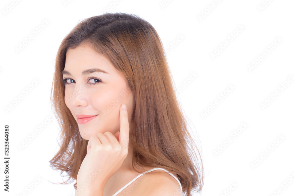 Portrait of beautiful woman asian makeup of cosmetic, girl hand touch cheek and smile attractive, face of beauty perfect with wellness isolated on white background with skin healthcare concept. Portrait of beautiful woman asian makeup of cosmetic, girl hand touch cheek and smile attractive, face of beauty perfect with wellness isolated on white background with skin healthcare concept.