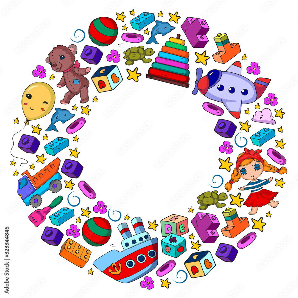 Vector pattern with toys for little children. Kindergarten kids playing with doll, dinosaur, submarine, airplane, car. Vector pattern with toys for little children. Kindergarten kids playing with doll, dinosaur, submarine, airplane, car.