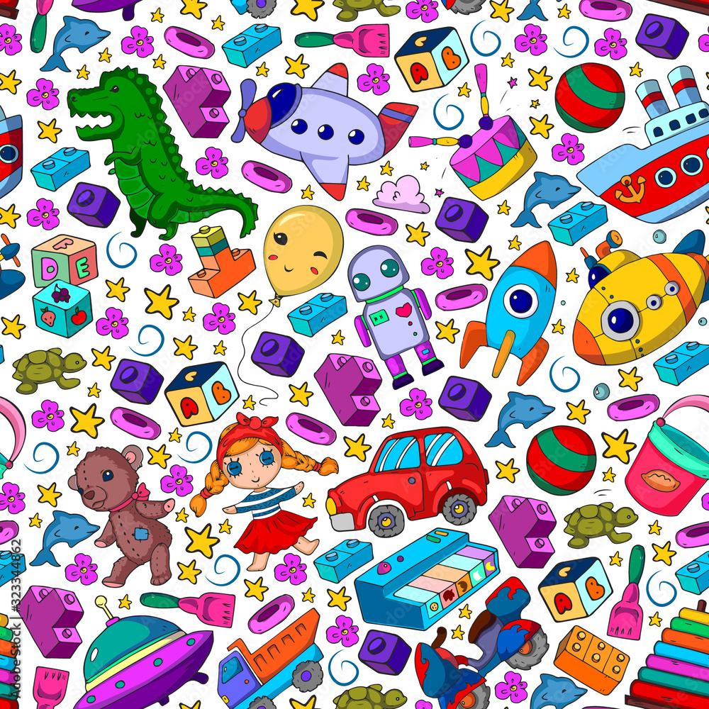 Vector pattern with toys for little children. Kindergarten kids playing with doll, dinosaur, submarine, airplane, car.