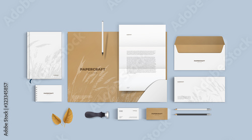 Corporate identity premium branding design. Stationery mockup vector megapack set. Template with cardboard background. Folder and A4 letter, visiting card and envelope based on vintage eco logo.