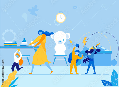 Hyperactive Children in Kindergarten Flat Cartoon Vector Illustration. Woman Running after Kid Holding Cube in Hands. Two Girls Fighting over Toy. Teacher Calming Down Kids. Teddy Bear.