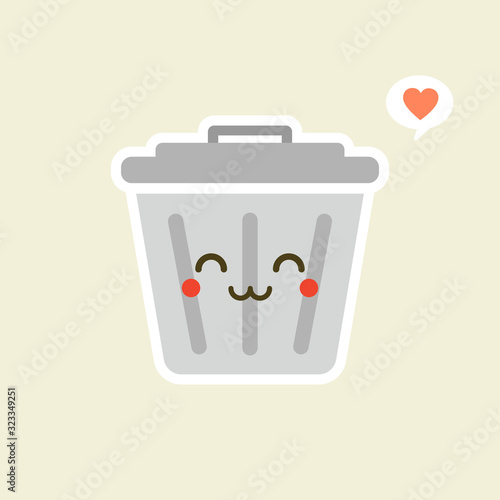 Recycle bin cartoon cute character in kawaii flat style. Tin trash bin. Metal waste container, functional trashcan. City health and function, street beautification and urban design concept. 