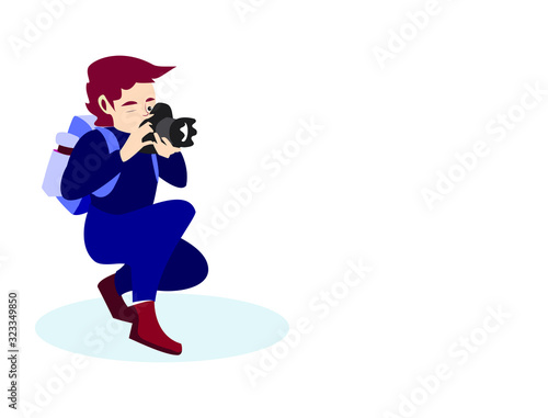 Photographer with backpack, takes photographs with his camera  Flat cartoon male character Illustration. Vector drawing isolated on white background with text copy space