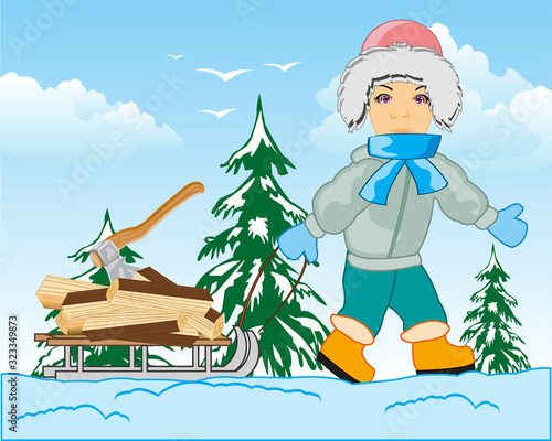 Man in winter on sled carries firewood
