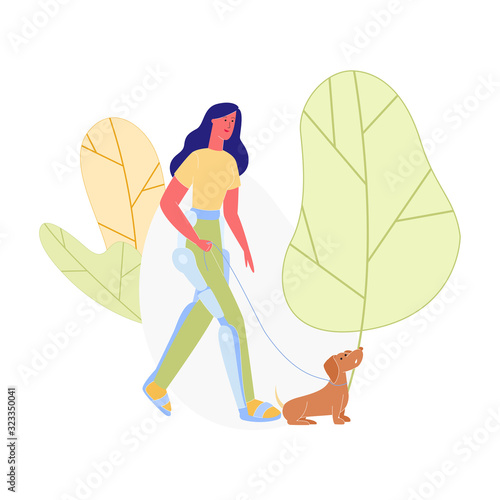 Disable Woman in Robotic Exoskeleton on Legs Walking with Dog in Rehabilitation Clinic. Assistant Dog Helping Human Character to Walk, Friendship, Animal Therapy. Cartoon Flat Vector Illustration