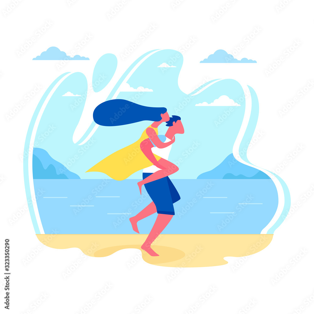 Advertising Banner Relationship on Vacation Flat. Man Makes an Impression on Woman, Proving her Importance. Guy is Running Along Beach with Girl Behind his Back. Vector Illustration.