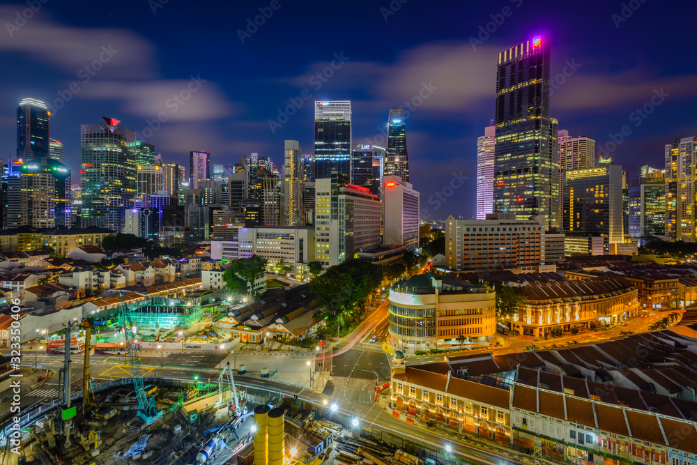 View of central district during sunset blue hour in Singapore