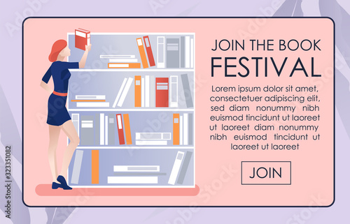 Bookfest Event Promotion Banner. Literary or Writers Festival Advertisement. Invitation to Join Text. Cartoon Woman Standing near Bookshelves in Library Archive. Vector Flat Illustration