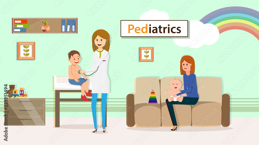 Pediatrician Examining Boy Sitting on Table at Hospital Flat Cartoon Vector Illustration. Pediatric Department in Clinic. WomanWorking with Stethoscope. Nother Sitting on Sofa with Baby.