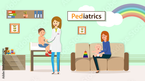 Pediatrician Examining Boy Sitting on Table at Hospital Flat Cartoon Vector Illustration. Pediatric Department in Clinic. WomanWorking with Stethoscope. Nother Sitting on Sofa with Baby.