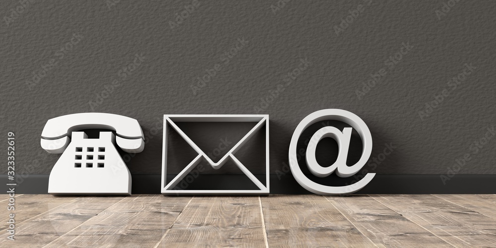 White telephone, envelope letter and e-mail symbols leaning against ...