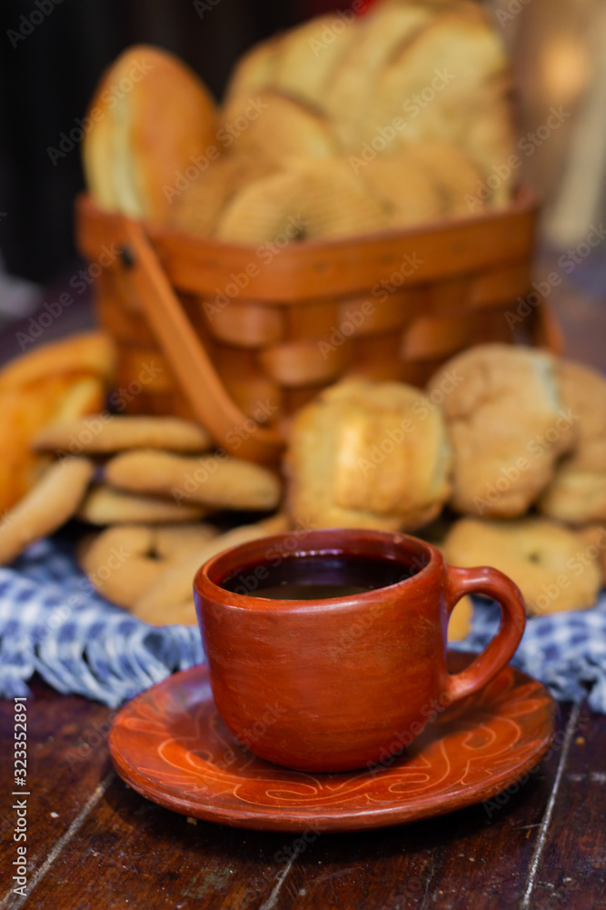 Cup of coffee with traditional Nicaraguan bread in a basket Cup of coffee with traditional Nicaraguan bread in a basket