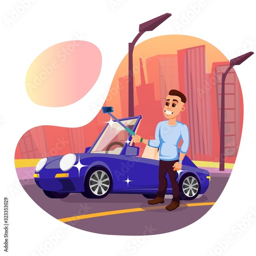Vain Young Man, Showing off with His New Expensive Car. Young Man, Holding Selfie Stick in Hands, Making Photo against His Posh Blue Converter and Big City at Sunset. Cute Cartoon Character.