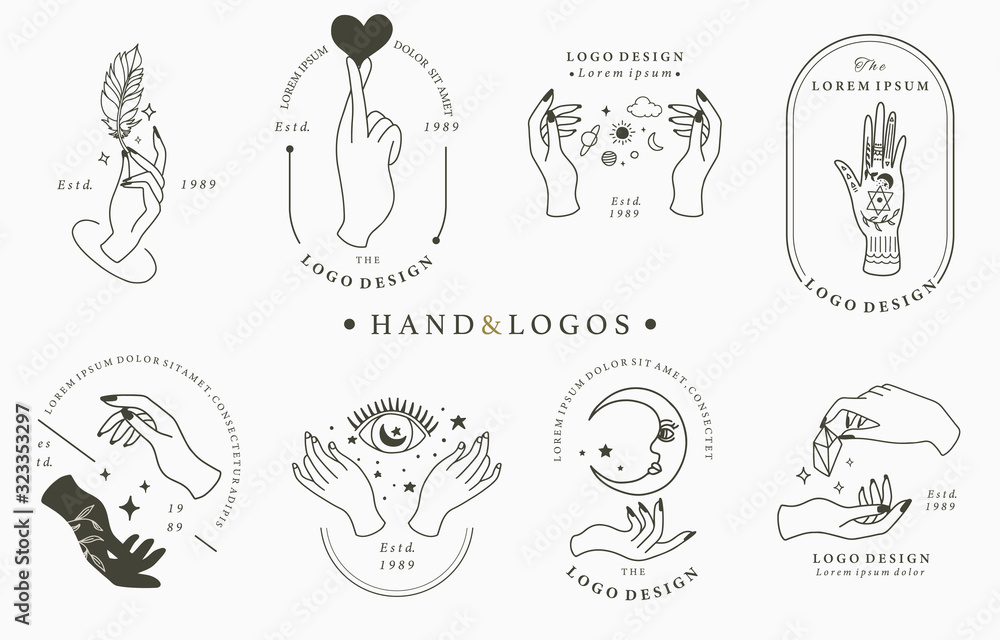 Beauty occult logo collection with hand,geometric,crystal,moon,eye,star.Vector illustration for icon,logo,sticker,printable and tattoo
