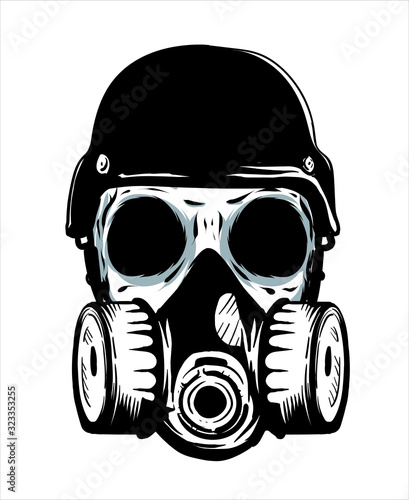 Skeleton Wearing Gas Mask Hand Drawn Inking Brush Style Vector Illustration