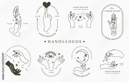 Beauty occult logo collection with hand,geometric,crystal,moon,eye,star.Vector illustration for icon,logo,sticker,printable and tattoo