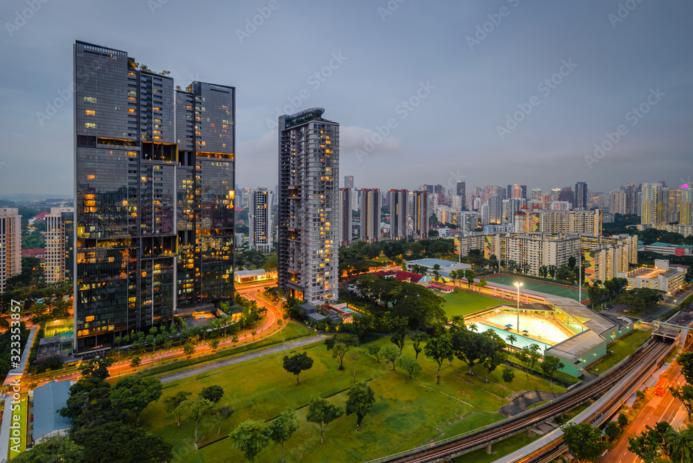 Fototapeta premium Beautiful building with glowing lights in the city modernizing city of future 