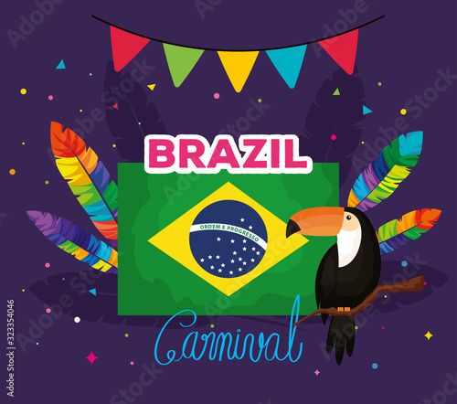 poster of brazil carnival with flag and decoration vector illustration design