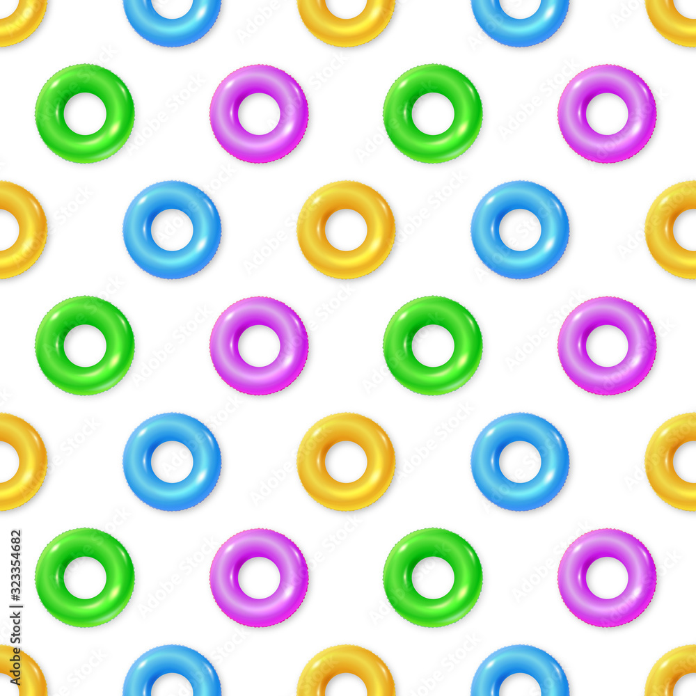 Seamless pattern with flat colored lifebuoys isolated on white background. Ornament with inflatable circles for seashore or pool. Template for fabric, wrapper, banners. Vector 3d illustration Seamless pattern with flat colored lifebuoys isolated on white background. Ornament with inflatable circles for seashore or pool. Template for fabric, wrapper, banners. Vector 3d illustration
