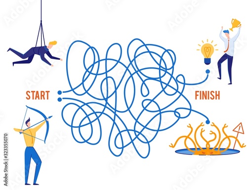 Right Business Choice, Victory or Failure Metaphor. Flat Maze. Two Tangled Roads. Man Aims with Bow, Male Spy Hangs on Ropes at Start. Idea Prize and Abyss with Monster at Finish. Vector Illustration